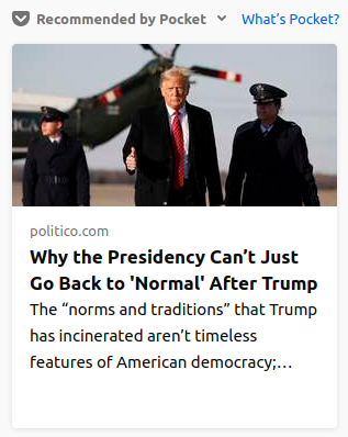 screenshot of NYT headline, Why the Presidency can't just go back to "normal" after Trump.