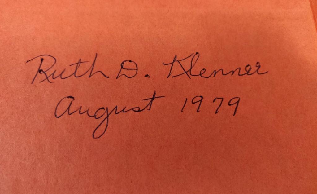 The Unwatched Pot cookbook inscription inside front cover. Ruth D. Klenner, August 1979