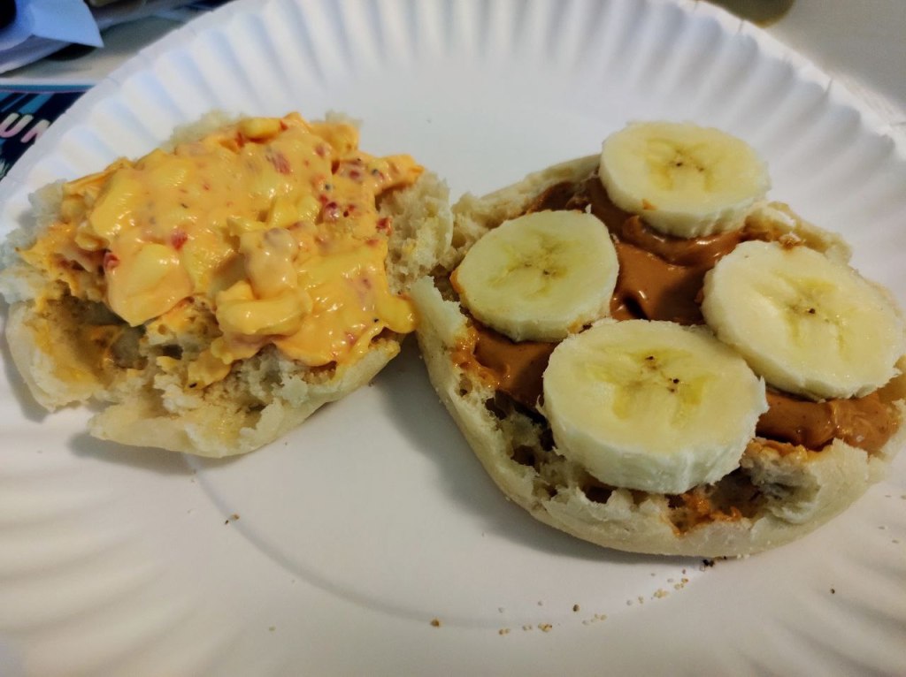 english muffin with pimento cheese on half, PB and banana on the other