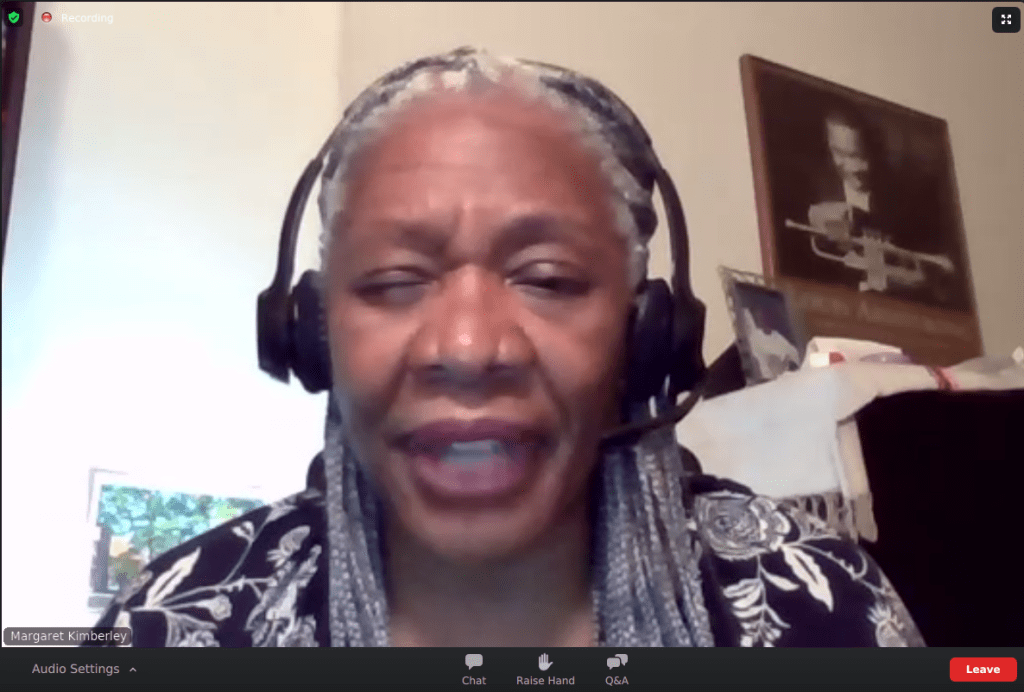 screenshot of margaret kimberley on zoom
