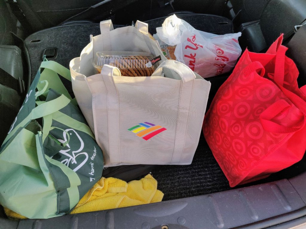 reusable bags in back of car from harris teeter, target, and bank of america with logo done in rainbow colors