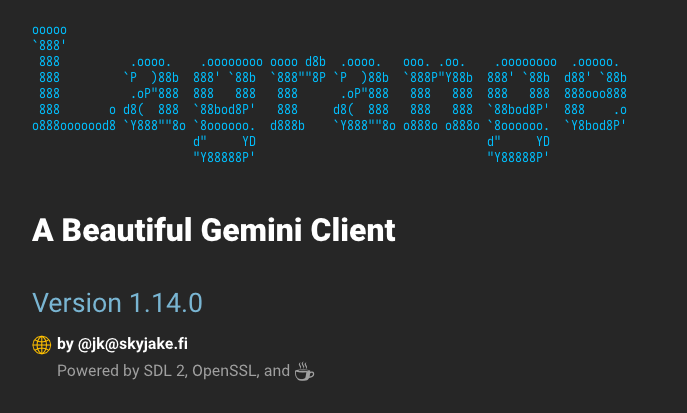 screenshot of LaGrange "about." A Beautiful Gemini Client. Version 1.14.0 by skyjake