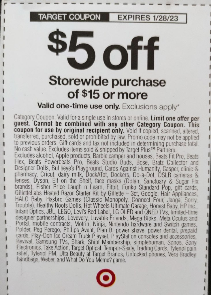 the clipped $5 off $15 Target coupon showing the terms