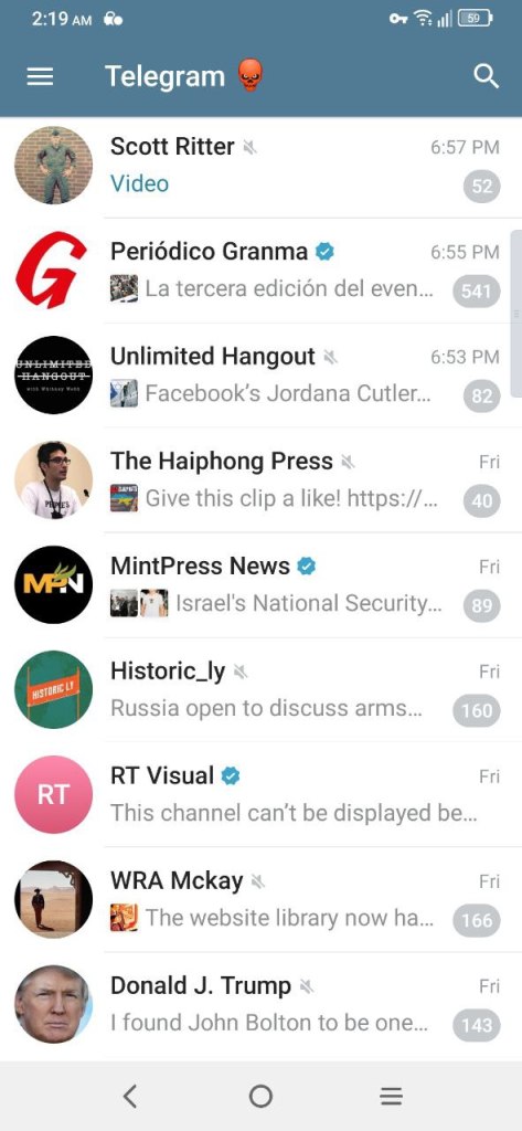 screenshot of subscribed Telegram groups from Mintpress News to Trump